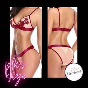 1XL  Burgandy & Tan Embroidered Bralette Panty Set